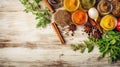 Spices herbs and olive oil over white wood table. AI Generated Royalty Free Stock Photo