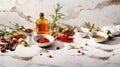 Spices herbs and olive oil over white wood table. AI Generated Royalty Free Stock Photo