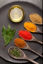 Spices, herbs and olive oil Royalty Free Stock Photo