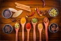 Spices and herbs over wood Royalty Free Stock Photo