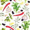 Spices and herbs, Seamless cooking pattern. Watercolor