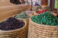 Spices and herbs on street stal at Morocco traditional market.