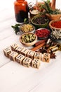 Spices and herbs on table. Food and cuisine ingredients with pepper and spices herbs sign with wooden cubes