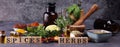 Spices and herbs on table. Food and cuisine ingredients with pepper and spices herbs sign with wooden cubes