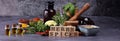 Spices and herbs on table. Food and cuisine ingredients with pepper and spices herbs sign with wooden cubes