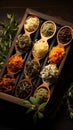 Spices and herbs in wooden spoons on a wooden table. Generate AI Royalty Free Stock Photo