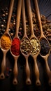 Spices and herbs in wooden spoons on a wooden table. Generate AI Royalty Free Stock Photo