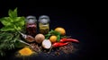 Spices and herbs on wooden table. Spices condiments and herbs on black background. Royalty Free Stock Photo