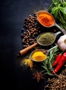 Spices and herbs on wooden table. Spices condiments and herbs on black background. Royalty Free Stock Photo