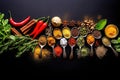 Spices and herbs on wooden table. Spices condiments and herbs on black background. Royalty Free Stock Photo