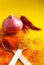 Spices ingredient Onion,Red chili powder and turmeric powder on white background Royalty Free Stock Photo