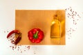 Spices and ingredients for cooking paste on old newspaper texture on white background.Frame of organic food. Royalty Free Stock Photo