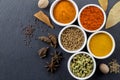 Spices in little white bowls on black slate background - Indian spice - top view photo