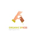 Spices logo concept design. Food vector illustration. Healthy simple logotype. The chef`s hand pours the seasonings