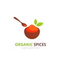 Spices logo concept design. Food vector illustration. Healthy simple logotype with wooden spoon and plate. Royalty Free Stock Photo