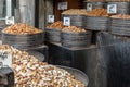 Spices on the market in Amman downtown, Jordan. Choice of Arabic spices on the Middle East bazaar Royalty Free Stock Photo