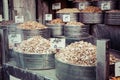 Spices on the market in Amman downtown, Jordan. Choice of Arabic spices on the Middle East bazaar Royalty Free Stock Photo