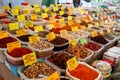 spices on the market. Trading exotic spices for cooking food on Turkish bazaar. multicolored showcase.