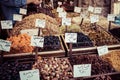 Spices, nuts and sweets shop on the market in Amman downtown, Jordan. Choice of Arabic spices on the Middle East bazaar, Jordan Royalty Free Stock Photo