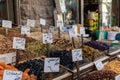 Spices, nuts and sweets shop on the market in Amman downtown, Jordan. Choice of Arabic spices on the Middle East bazaar, Jordan Royalty Free Stock Photo