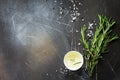 Spices, olive oil  and herbs on a dark stone or slate table. Ingredients for cooking. Food background. Royalty Free Stock Photo