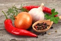 Spices, onion, garlic and chili pepper on old wood table Royalty Free Stock Photo