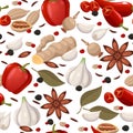 Spices pattern. Seamless print with indian herbal tea ingredients, cartoon clove cardamon ginger cinnamon leaves. Vector