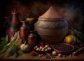 Spices Pots On Wooden Table And Dark Background - Generative AI