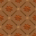 Spices seamless pattern. Star anise, nutmeg, cinnamon sticks.