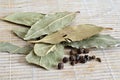 Bay Leaves Laurel Leaves with peas of black pepper on a light background Royalty Free Stock Photo