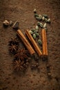 Spices, seasonings on an old rusty metal background. The aroma. Asia. East. Taste. View from above