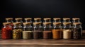 Spices seeds and seasonings in matching spice jars, vegan ingredients and concept of flavoring your dishes