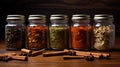 Spices seeds and seasonings in matching spice jars, vegan ingredients and concept of flavoring your dishes