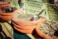 Spices, seeds and tea sold in a traditional market in Granada, S Royalty Free Stock Photo