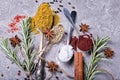 Colorful spices in spoons. Top view