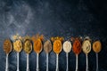 Spices in spoons background. Varieties of spices turmeric, pepper, chili, coriander, cinnamon and peppers for cooking. Culinary Royalty Free Stock Photo