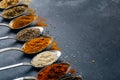 Spices in spoons background. Varieties of spices turmeric, pepper, chili, coriander, cinnamon and peppers for cooking. Culinary Royalty Free Stock Photo