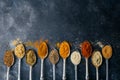 Spices in spoons background. Varieties of spices turmeric, pepper, chili, coriander, cinnamon and peppers for cooking. Culinary Royalty Free Stock Photo
