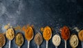 Spices in spoons background. Varieties of spices turmeric, pepper, chili, coriander, cinnamon and peppers for cooking. Culinary Royalty Free Stock Photo