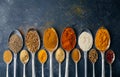 Spices in spoons background. Varieties of spices turmeric, pepper, chili, coriander, cinnamon and peppers for cooking. Culinary Royalty Free Stock Photo