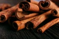 Spices sticks cinnamon on the old table. Rustic background, aroma close-up