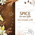 Spices for tea and coffee vector illustration of anise, lemon and vanilla cinnamon sticks for cafes and restaurants, menus Royalty Free Stock Photo