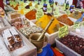 Spices, teas at the bazaar. The Turkish market Royalty Free Stock Photo