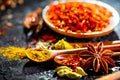 Spices. Various Indian spices on black stone table. Spice and herbs on slate background