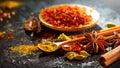 Spices. Various Indian spices on black stone table. Spice and herbs on slate background. Cooking ingredients Royalty Free Stock Photo