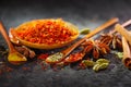 Spices. Various Indian Spices on black stone table. Spice and herbs on slate background. Assortment of Seasonings, condiments Royalty Free Stock Photo