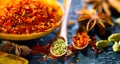 Spices. Various Indian spices on black stone table. Spice and herbs on slate background. Cooking Royalty Free Stock Photo