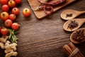 Spices and vegetables in anticipation of cooking Royalty Free Stock Photo