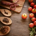 Spices and vegetables in anticipation of cooking Royalty Free Stock Photo