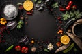 Spices And Vegetables On Black Stone Cooking Background With Copy Space - Generative AI Royalty Free Stock Photo
